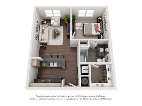Floor plan for 1 bed, 1 bath, 675 sqft
